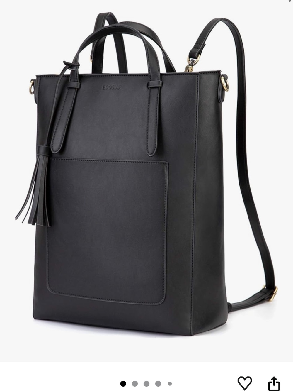Structured Black Leather Backpack Tote with Tassel Detail
